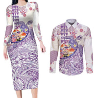 Hawaiian and Japanese Culture Together Couples Matching Long Sleeve Bodycon Dress and Long Sleeve Button Shirt Tropical Honu with Japanese Elements Purple Color