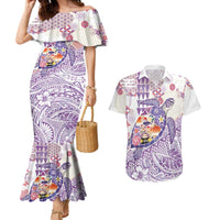 Hawaiian and Japanese Culture Together Couples Matching Mermaid Dress and Hawaiian Shirt Tropical Honu with Japanese Elements Purple Color