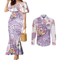Hawaiian and Japanese Culture Together Couples Matching Mermaid Dress and Long Sleeve Button Shirt Tropical Honu with Japanese Elements Purple Color