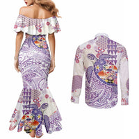 Hawaiian and Japanese Culture Together Couples Matching Mermaid Dress and Long Sleeve Button Shirt Tropical Honu with Japanese Elements Purple Color