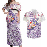 Hawaiian and Japanese Culture Together Couples Matching Off Shoulder Maxi Dress and Hawaiian Shirt Tropical Honu with Japanese Elements Purple Color