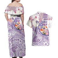 Hawaiian and Japanese Culture Together Couples Matching Off Shoulder Maxi Dress and Hawaiian Shirt Tropical Honu with Japanese Elements Purple Color