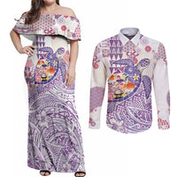 Hawaiian and Japanese Culture Together Couples Matching Off Shoulder Maxi Dress and Long Sleeve Button Shirt Tropical Honu with Japanese Elements Purple Color