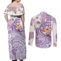 Hawaiian and Japanese Culture Together Couples Matching Off Shoulder Maxi Dress and Long Sleeve Button Shirt Tropical Honu with Japanese Elements Purple Color