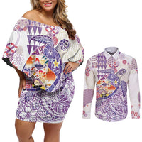 Hawaiian and Japanese Culture Together Couples Matching Off Shoulder Short Dress and Long Sleeve Button Shirt Tropical Honu with Japanese Elements Purple Color