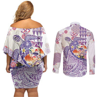 Hawaiian and Japanese Culture Together Couples Matching Off Shoulder Short Dress and Long Sleeve Button Shirt Tropical Honu with Japanese Elements Purple Color