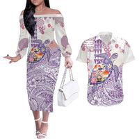 Hawaiian and Japanese Culture Together Couples Matching Off The Shoulder Long Sleeve Dress and Hawaiian Shirt Tropical Honu with Japanese Elements Purple Color