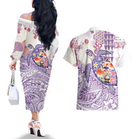 Hawaiian and Japanese Culture Together Couples Matching Off The Shoulder Long Sleeve Dress and Hawaiian Shirt Tropical Honu with Japanese Elements Purple Color