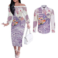 Hawaiian and Japanese Culture Together Couples Matching Off The Shoulder Long Sleeve Dress and Long Sleeve Button Shirt Tropical Honu with Japanese Elements Purple Color