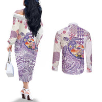 Hawaiian and Japanese Culture Together Couples Matching Off The Shoulder Long Sleeve Dress and Long Sleeve Button Shirt Tropical Honu with Japanese Elements Purple Color