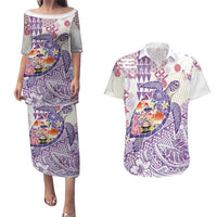 Hawaiian and Japanese Culture Together Couples Matching Puletasi and Hawaiian Shirt Tropical Honu with Japanese Elements Purple Color