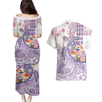 Hawaiian and Japanese Culture Together Couples Matching Puletasi and Hawaiian Shirt Tropical Honu with Japanese Elements Purple Color