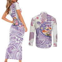 Hawaiian and Japanese Culture Together Couples Matching Short Sleeve Bodycon Dress and Long Sleeve Button Shirt Tropical Honu with Japanese Elements Purple Color