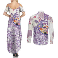 Hawaiian and Japanese Culture Together Couples Matching Summer Maxi Dress and Long Sleeve Button Shirt Tropical Honu with Japanese Elements Purple Color