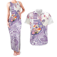 Hawaiian and Japanese Culture Together Couples Matching Tank Maxi Dress and Hawaiian Shirt Tropical Honu with Japanese Elements Purple Color