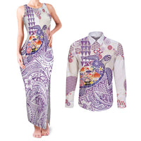 Hawaiian and Japanese Culture Together Couples Matching Tank Maxi Dress and Long Sleeve Button Shirt Tropical Honu with Japanese Elements Purple Color