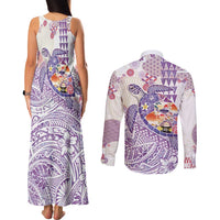 Hawaiian and Japanese Culture Together Couples Matching Tank Maxi Dress and Long Sleeve Button Shirt Tropical Honu with Japanese Elements Purple Color