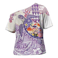 Hawaiian and Japanese Culture Together Cross Shoulder Shirt Tropical Honu with Japanese Elements Purple Color