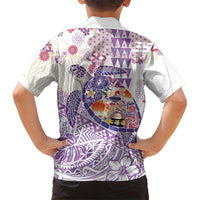 Hawaiian and Japanese Culture Together Family Matching Long Sleeve Bodycon Dress and Hawaiian Shirt Tropical Honu with Japanese Elements Purple Color