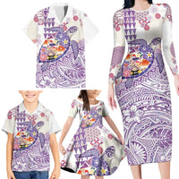 Hawaiian and Japanese Culture Together Family Matching Long Sleeve Bodycon Dress and Hawaiian Shirt Tropical Honu with Japanese Elements Purple Color