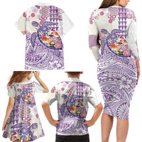 Hawaiian and Japanese Culture Together Family Matching Long Sleeve Bodycon Dress and Hawaiian Shirt Tropical Honu with Japanese Elements Purple Color