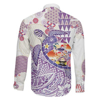 Hawaiian and Japanese Culture Together Family Matching Long Sleeve Bodycon Dress and Hawaiian Shirt Tropical Honu with Japanese Elements Purple Color