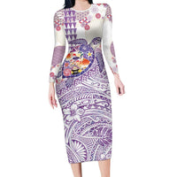 Hawaiian and Japanese Culture Together Family Matching Long Sleeve Bodycon Dress and Hawaiian Shirt Tropical Honu with Japanese Elements Purple Color