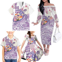 Hawaiian and Japanese Culture Together Family Matching Off The Shoulder Long Sleeve Dress and Hawaiian Shirt Tropical Honu with Japanese Elements Purple Color