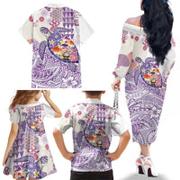 Hawaiian and Japanese Culture Together Family Matching Off The Shoulder Long Sleeve Dress and Hawaiian Shirt Tropical Honu with Japanese Elements Purple Color