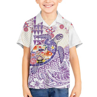 Hawaiian and Japanese Culture Together Family Matching Off The Shoulder Long Sleeve Dress and Hawaiian Shirt Tropical Honu with Japanese Elements Purple Color