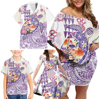 Hawaiian and Japanese Culture Together Family Matching Off Shoulder Short Dress and Hawaiian Shirt Tropical Honu with Japanese Elements Purple Color