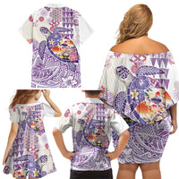 Hawaiian and Japanese Culture Together Family Matching Off Shoulder Short Dress and Hawaiian Shirt Tropical Honu with Japanese Elements Purple Color