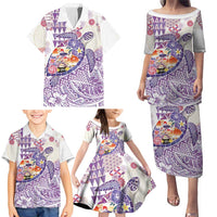 Hawaiian and Japanese Culture Together Family Matching Puletasi and Hawaiian Shirt Tropical Honu with Japanese Elements Purple Color