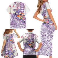 Hawaiian and Japanese Culture Together Family Matching Short Sleeve Bodycon Dress and Hawaiian Shirt Tropical Honu with Japanese Elements Purple Color