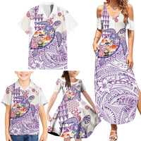 Hawaiian and Japanese Culture Together Family Matching Summer Maxi Dress and Hawaiian Shirt Tropical Honu with Japanese Elements Purple Color