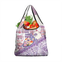 Hawaiian and Japanese Culture Together Grocery Bag Tropical Honu with Japanese Elements Purple Color