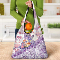 Hawaiian and Japanese Culture Together Grocery Bag Tropical Honu with Japanese Elements Purple Color