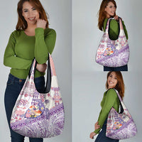 Hawaiian and Japanese Culture Together Grocery Bag Tropical Honu with Japanese Elements Purple Color