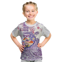 Hawaiian and Japanese Culture Together Kid T Shirt Tropical Honu with Japanese Elements Purple Color