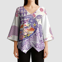 Hawaiian and Japanese Culture Together Kimono Sleeve Blouse Tropical Honu with Japanese Elements Purple Color