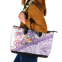Hawaiian and Japanese Culture Together Leather Tote Bag Tropical Honu with Japanese Elements Purple Color
