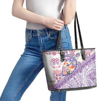 Hawaiian and Japanese Culture Together Leather Tote Bag Tropical Honu with Japanese Elements Purple Color