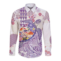 Hawaiian and Japanese Culture Together Long Sleeve Button Shirt Tropical Honu with Japanese Elements Purple Color