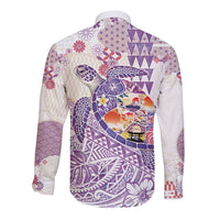 Hawaiian and Japanese Culture Together Long Sleeve Button Shirt Tropical Honu with Japanese Elements Purple Color