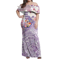 Hawaiian and Japanese Culture Together Off Shoulder Maxi Dress Tropical Honu with Japanese Elements Purple Color