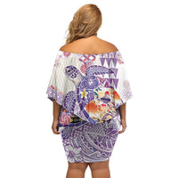 Hawaiian and Japanese Culture Together Off Shoulder Short Dress Tropical Honu with Japanese Elements Purple Color