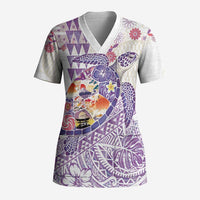 Hawaiian and Japanese Culture Together Scrub Top Tropical Honu with Japanese Elements Purple Color