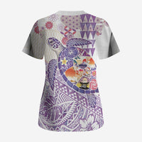 Hawaiian and Japanese Culture Together Scrub Top Tropical Honu with Japanese Elements Purple Color
