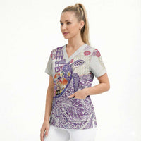 Hawaiian and Japanese Culture Together Scrub Top Tropical Honu with Japanese Elements Purple Color