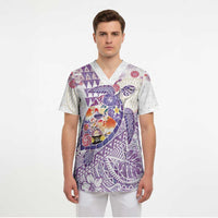 Hawaiian and Japanese Culture Together Scrub Top Tropical Honu with Japanese Elements Purple Color